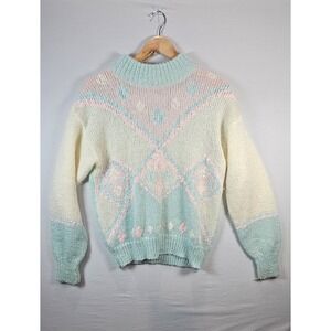 Vintage DEB Acrylic Knit Sweater Pastels Sz L 1980s